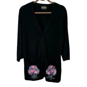 Bob Mackie Wearable Art Cardigan Large Knit Pockets Embroidered Button Front